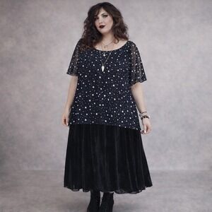 Blousology Midnight Blue White Star Flutter Sleeve Blouse 2X Witchy Celestial